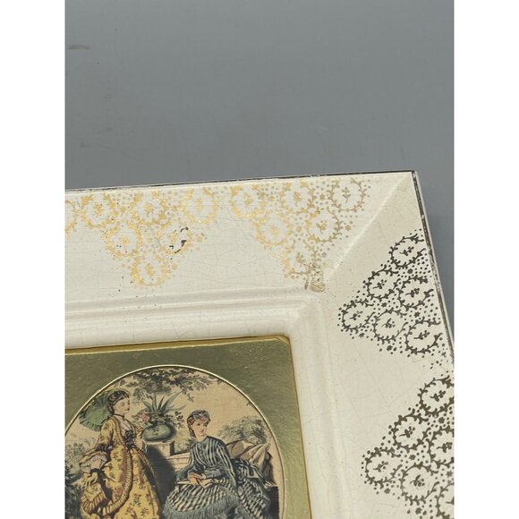 vintage ceramic framed La Mode illustree print shabby chic white gold mated READ - Picture 5 of 11